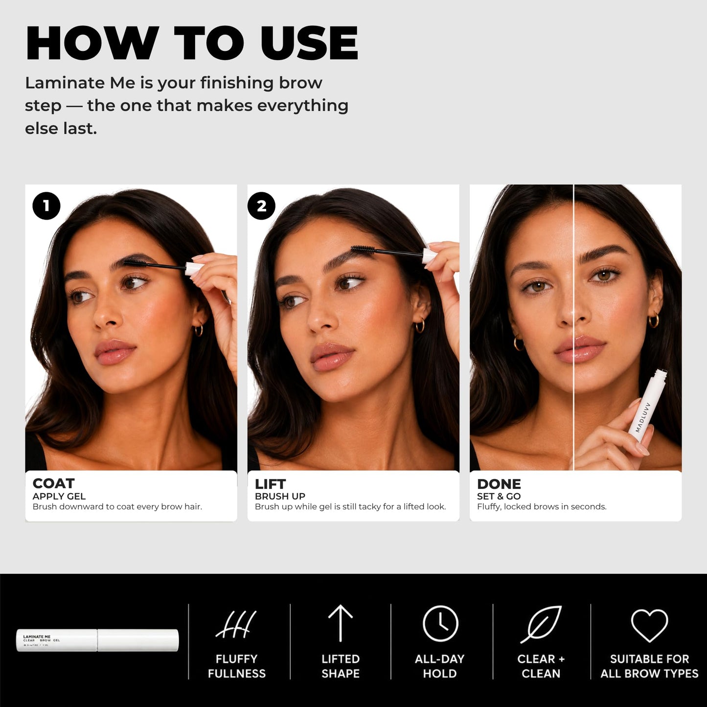 MADLUVV Laminate Me Clear Eyebrow Gel, Daily Use Medium Hold Lamination, Hypoallergenic and Cruelty Free