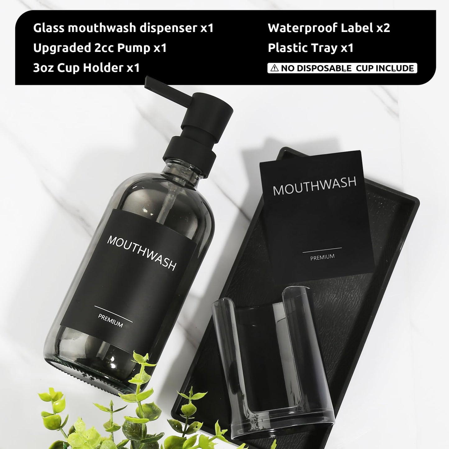 TOLDATLI Mouthwash Dispenser for Bathroom, Glass Mouth Wash Pump Dispenser with Cup Holder, 17 Fl Oz Mouthwash Bottle Decanter with Tray, Refillable Mouthwash Dispenser Container (Clear Black)