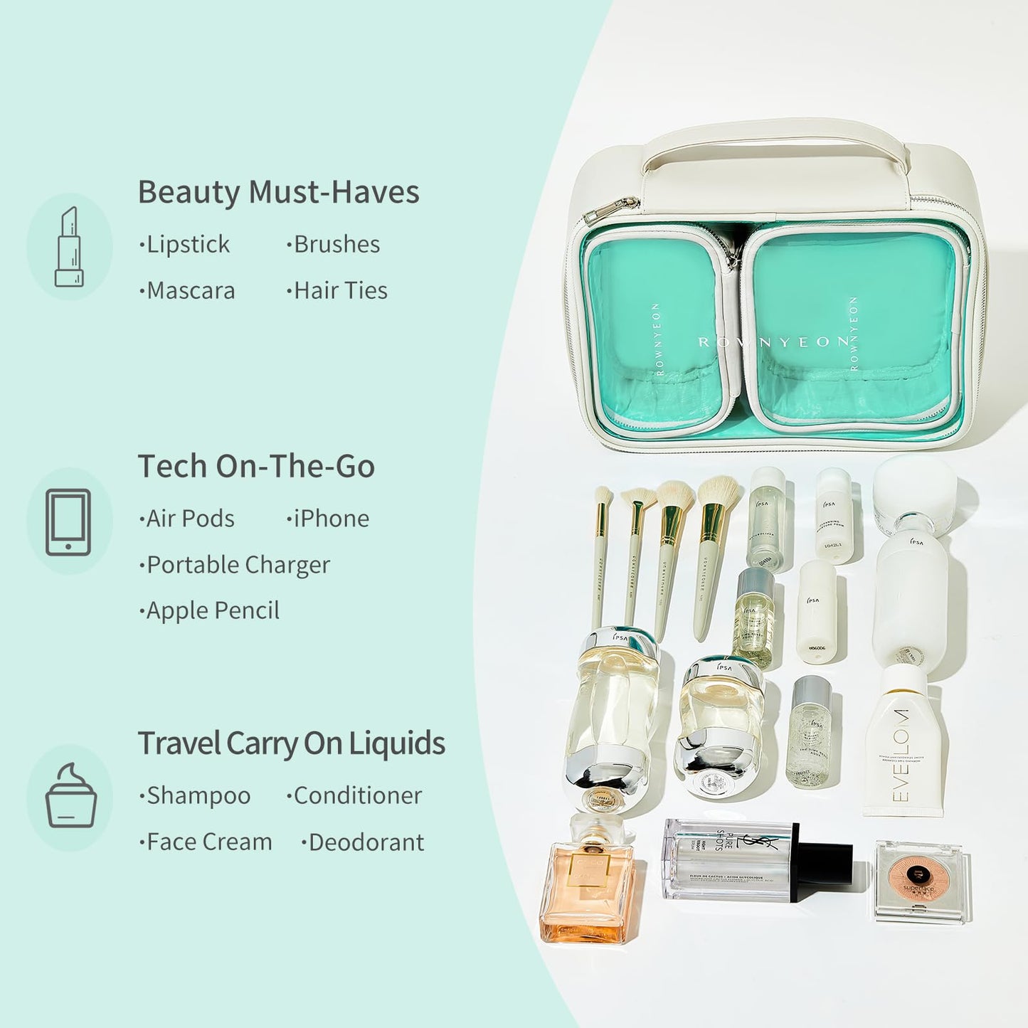 ROWNYEON 3-Piece Premium Cosmetic Organizer Set - Clear PVC & Faux Leather Storage Bags with Jewel-Tone Blue Lining, Waterproof Travel Toiletry Cases for Home/Carry-On (Jumbo/Medium/Mini)
