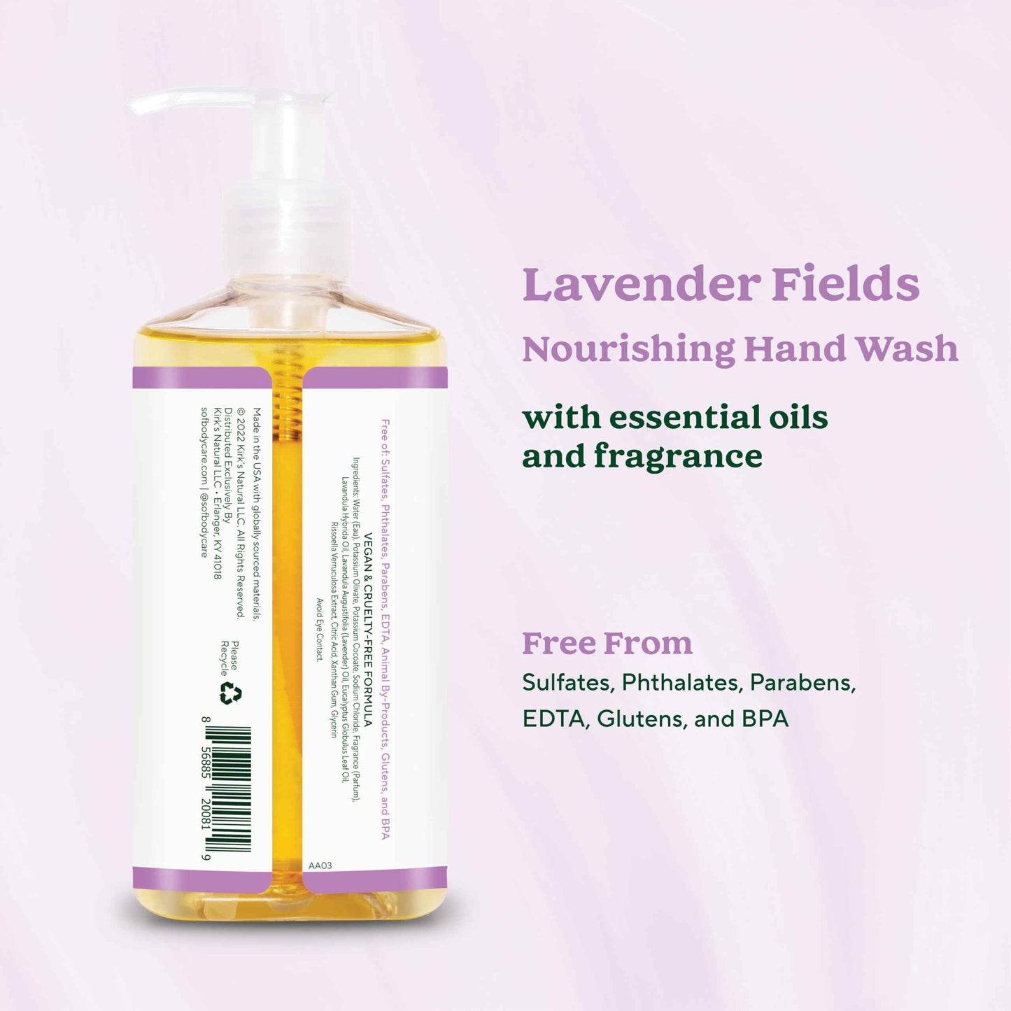 SoF Nourishing Hand Wash - With Moisturizing Sea Algae, Coconut & Olive Oil- Vegan & Non GMO- Free From Phthalates, Sulfates & Parabens- Lavender Fields - 8 oz Bottle 3 Pack