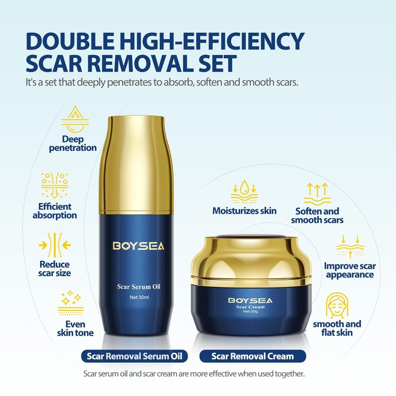 Boysea Scar Cream & Serum Oil, Advanced Scar Removal Set, Reduces Appearance of Keloids, C-Sections, Surgeries, Burns, Acne, 2 x 1.06 Oz Bottles