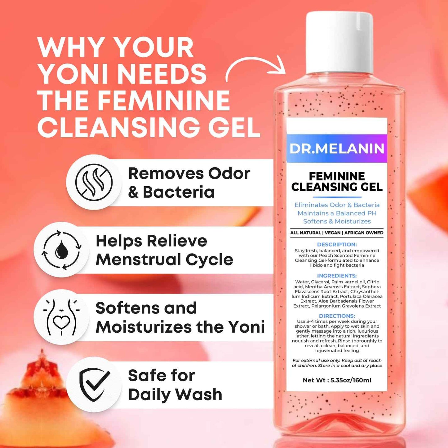Dr. Melanin pH Balancing Peach Cleansing Shower Gel for Intimate Care – Feminine Hygiene Wash for Odor Control, Gentle Cleansing & Skin Nourishment - Aloe Vera Formula
