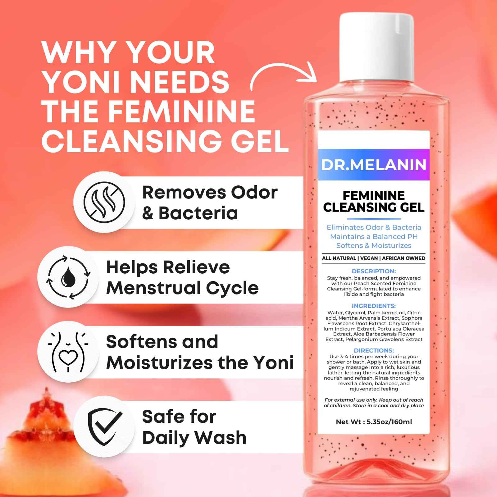 Dr. Melanin pH Balancing Peach Cleansing Shower Gel for Intimate Care – Feminine Hygiene Wash for Odor Control, Gentle Cleansing & Skin Nourishment - Aloe Vera Formula