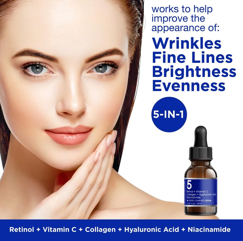 5 in 1 Potent Face Serum with Retinol, Vitamin C, Collagen, Hyaluronic Acid, Niacinamide | May Help Improve Appearance of Fine Lines and Reduce Appearance of Dark Spots | 2 fl oz / 60 ml