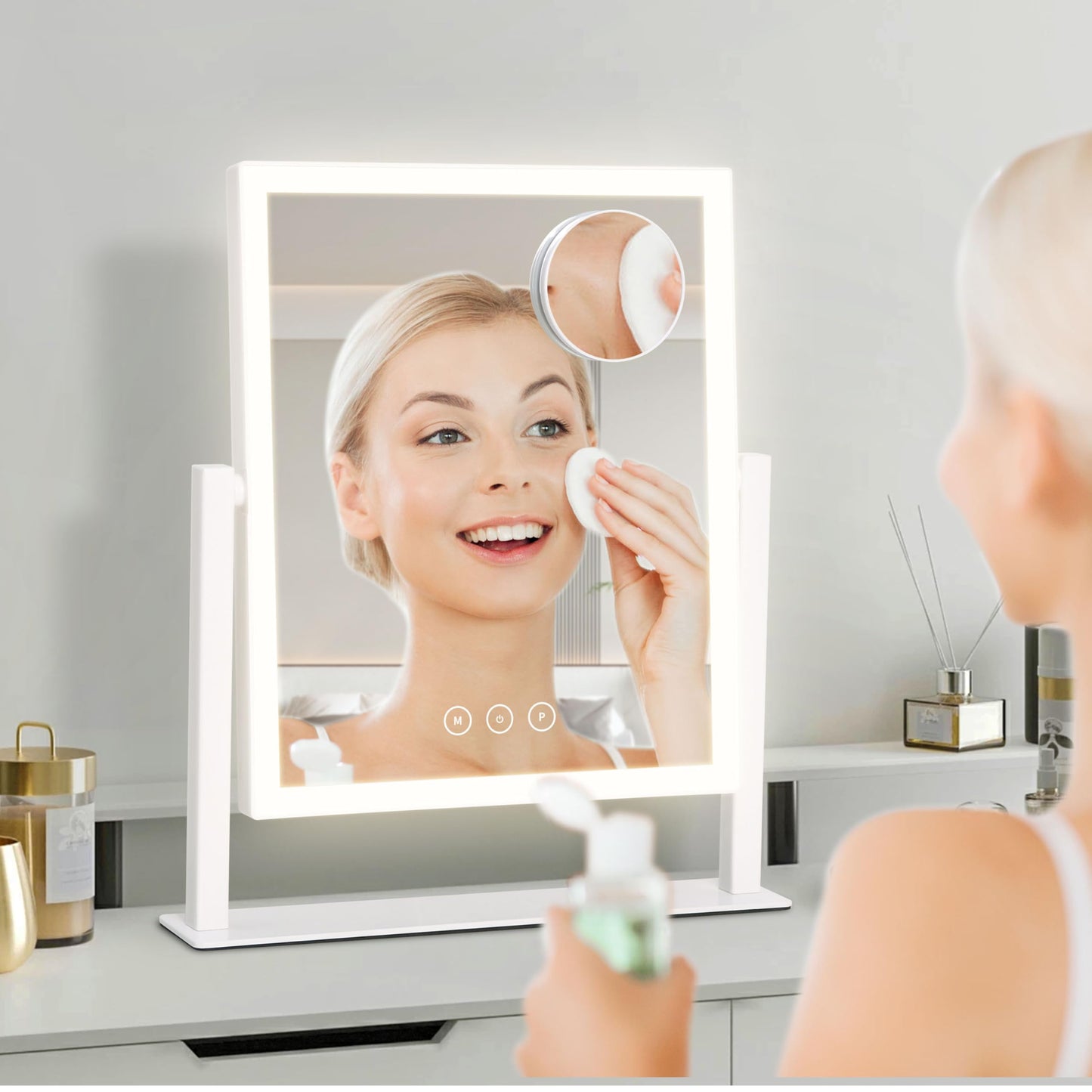 Acoolda Vanity Mirror with Lights, Makeup Mirror with Lights Three Color Lighting Modes, Dimmable Touch Screen, Detachable 10X Magnifying Mirror, 360°Free Rotation,White