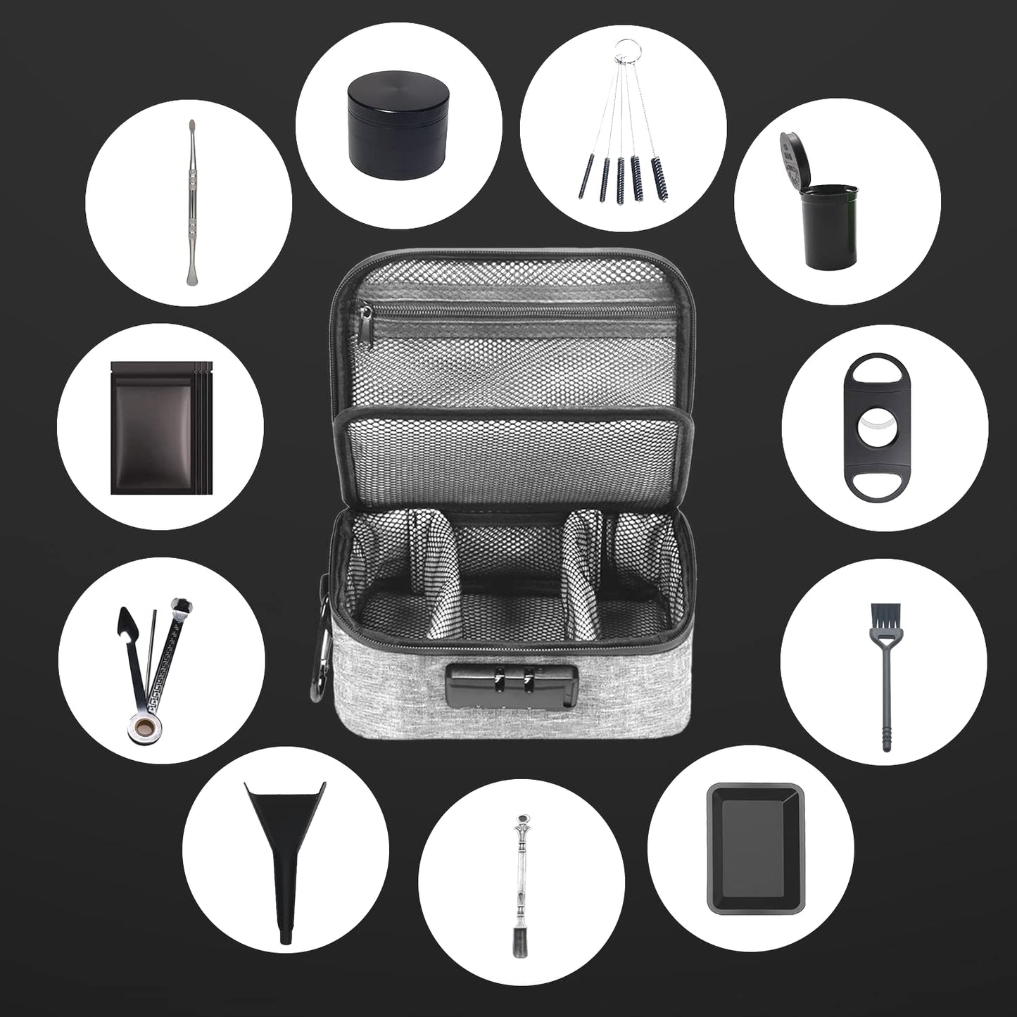 Grey Medium Size Smell Proof Storage Carrier Bag with 11 PCS Accessories, Water-Resistant file Organizers Box Case with Combination Lock, Medicine Container Pouch, Great Gift for Friends.