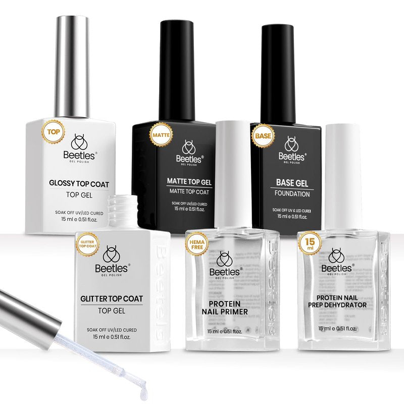 Beetles 6 Pcs 15ml Glossy & Matte Gel Top and Base Coat Set with Protein Nail Prep Dehydrator and Primer Acid-Free & Hema-Free Dehydrate Bond Primer t for Acrylic & Gel Nail Polish Gifts