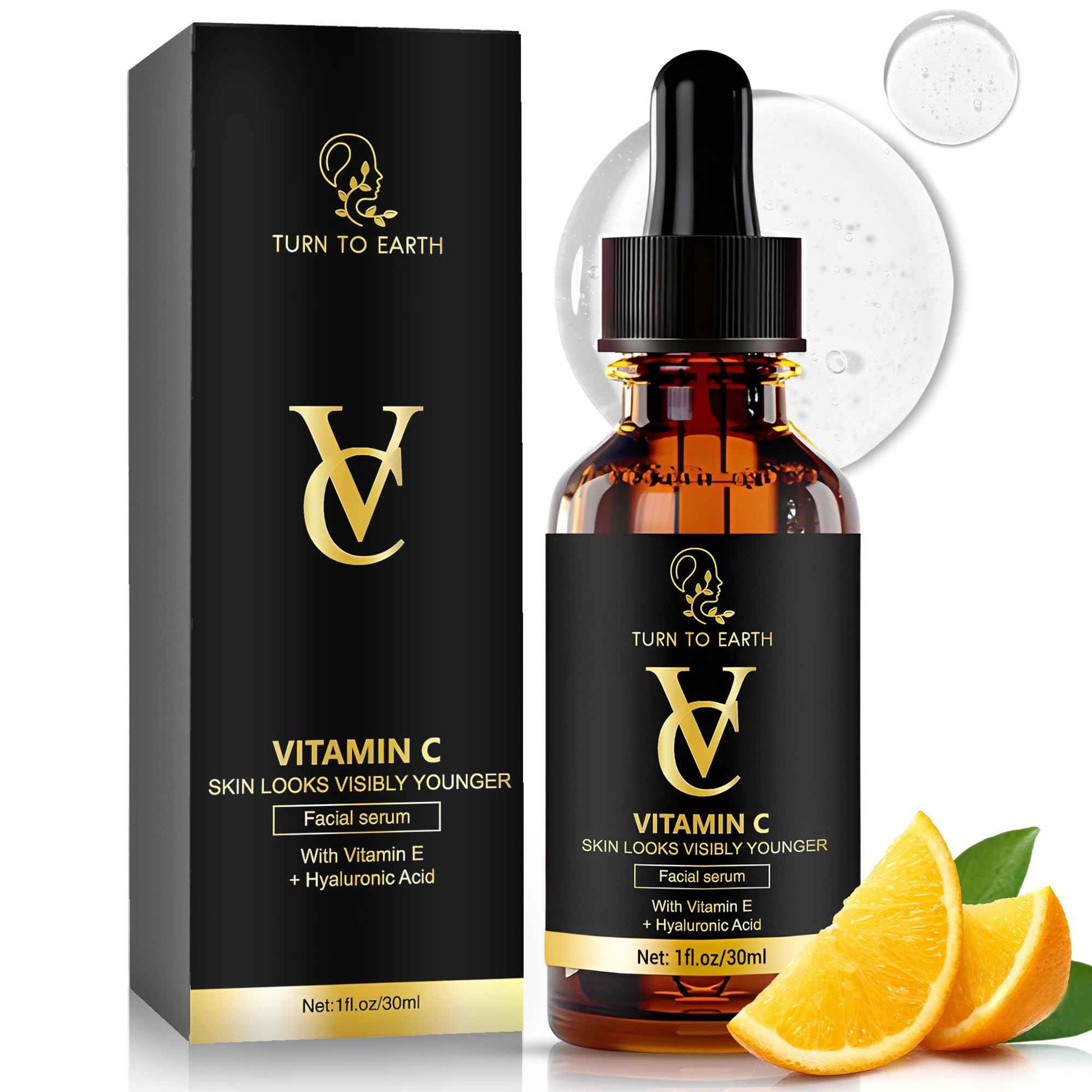 TURN TO EARTH Vitamin C Facial Serum with Vitamin E, Hyaluronic Acid, and Aloe Vera, for Skin Brightening, Dark Spot Reducing, Evening Skin Tone Formula in a 1 fl oz Glass Bottle