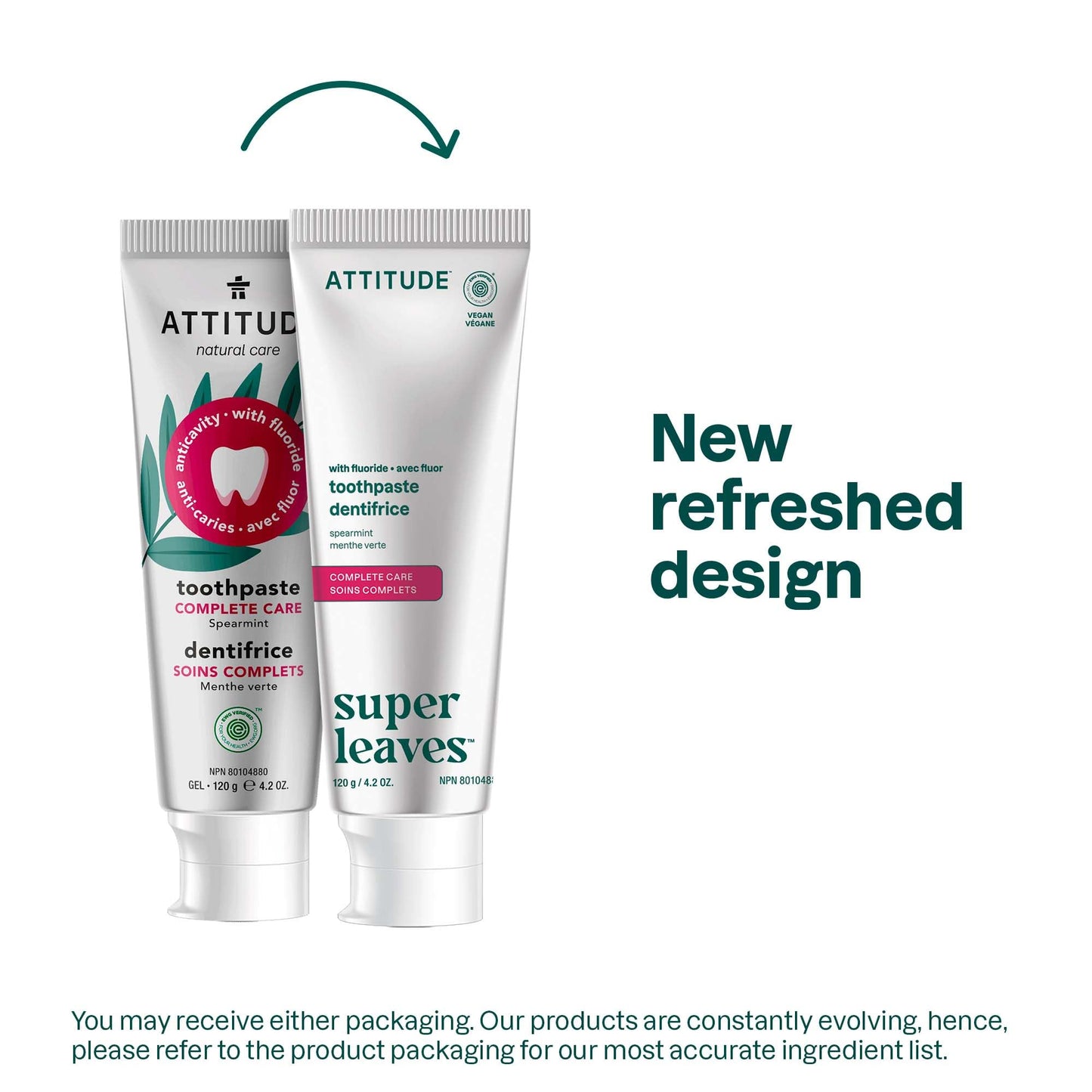 Attitude Complete Care Toothpaste with Fluoride, Spearmint Flavor, EWG Verified, Vegan & Cruelty-Free, Sugar-Free, Plant & Mineral-Based Ingredients, Clean Oral Care, 4.2 Oz