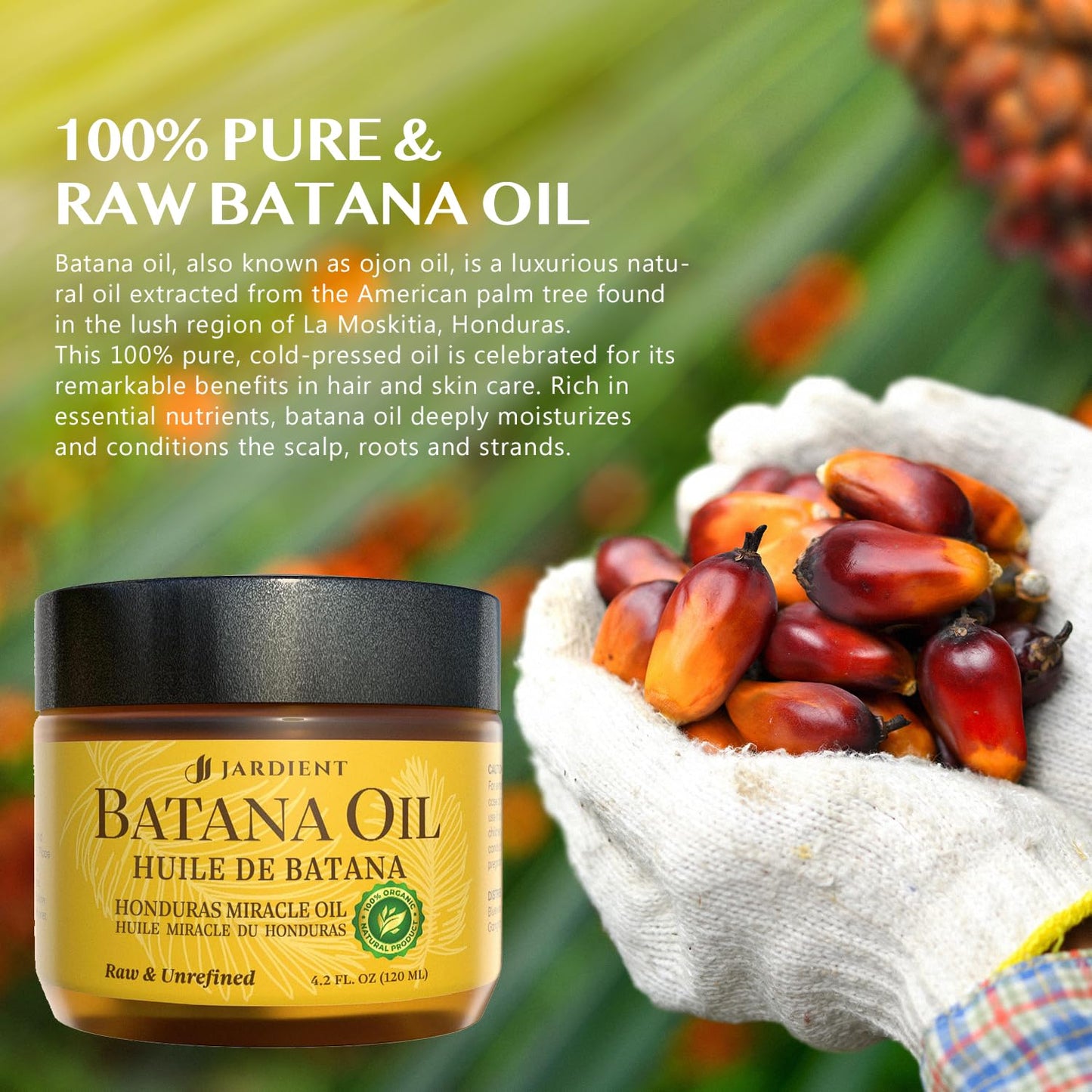 Jardient Raw Batana Oil for Hair Growth: Dr Sebi Organic Batana Oil from Honduras - 100% Pure & Natural - Promotes Thicker & Stronger Hair for Men & Women (4 OZ)