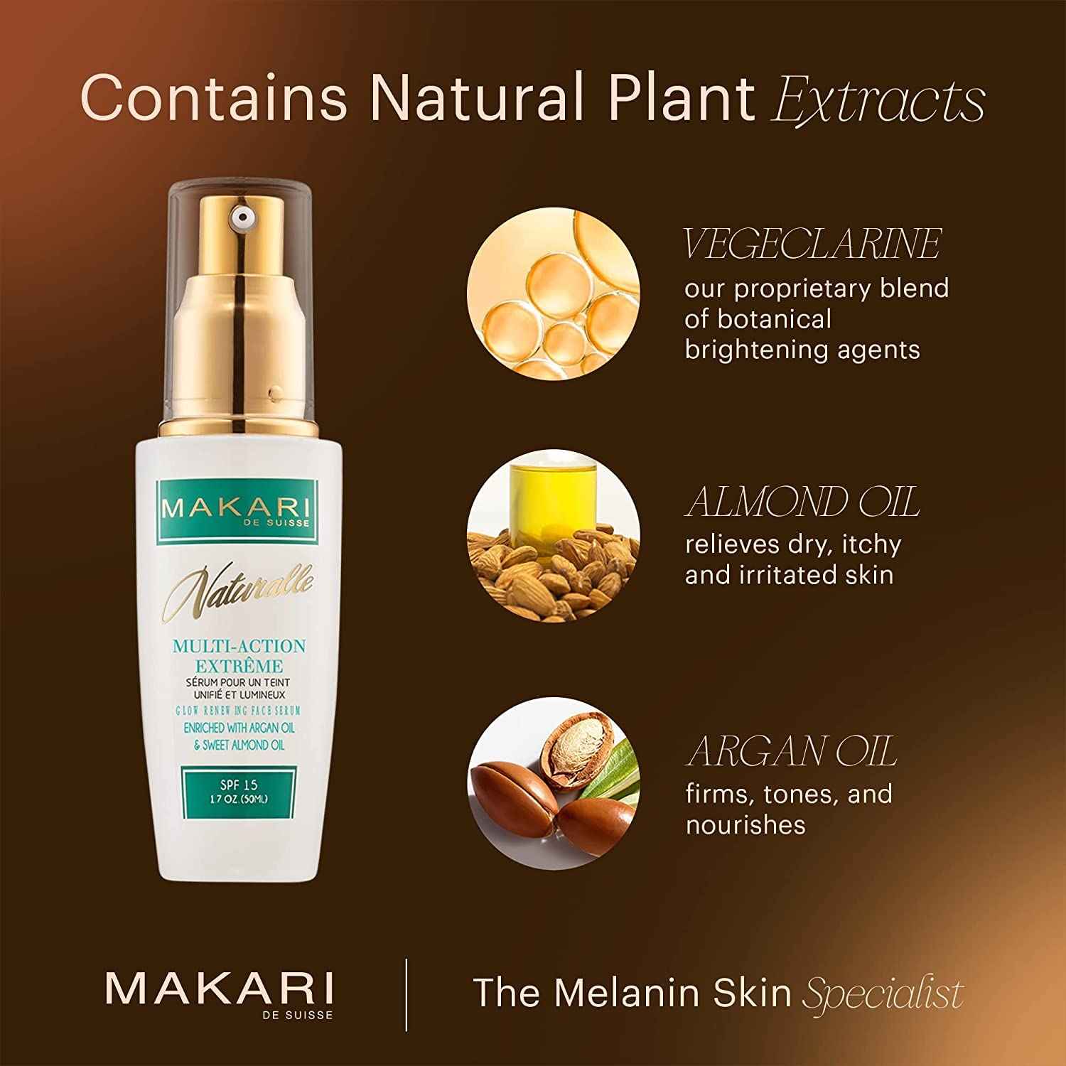 Makari Naturalle Multi-Action Extreme Skin Brightening Serum (1.7 oz) | Brightening Treatment for Dark Spots and Under Eye Circles | Moisturizer for Dry and Irritated Skin with Argan Oil and SPF 15