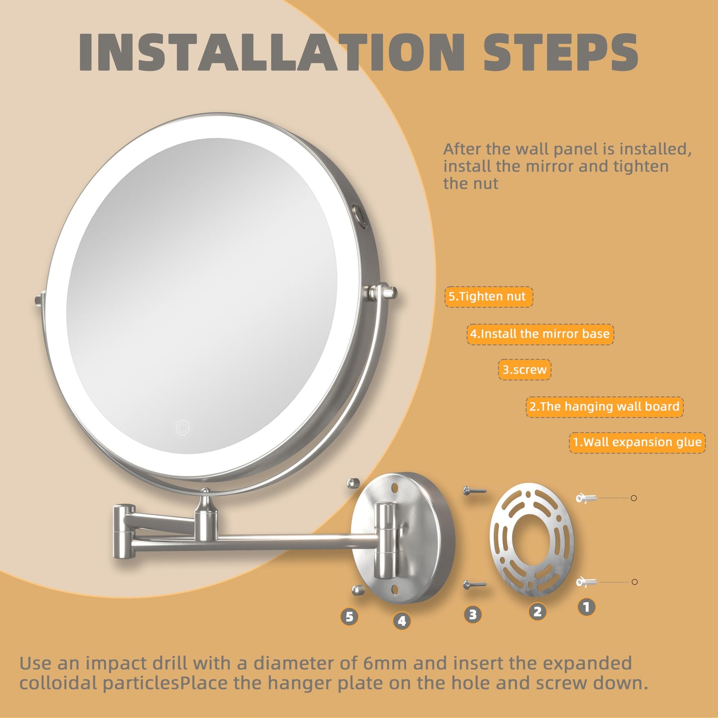 BATUSO 8.5 Inch Wall Mounted Lighted Makeup Mirror, 1X/10X Magnifying Mirror with 19.7 Inch Extended Arm, 3 Color Lights Touch Dimmable, 360 Rotation, 2000mAh Rechargeable Bathroom Vanity Mirror Round