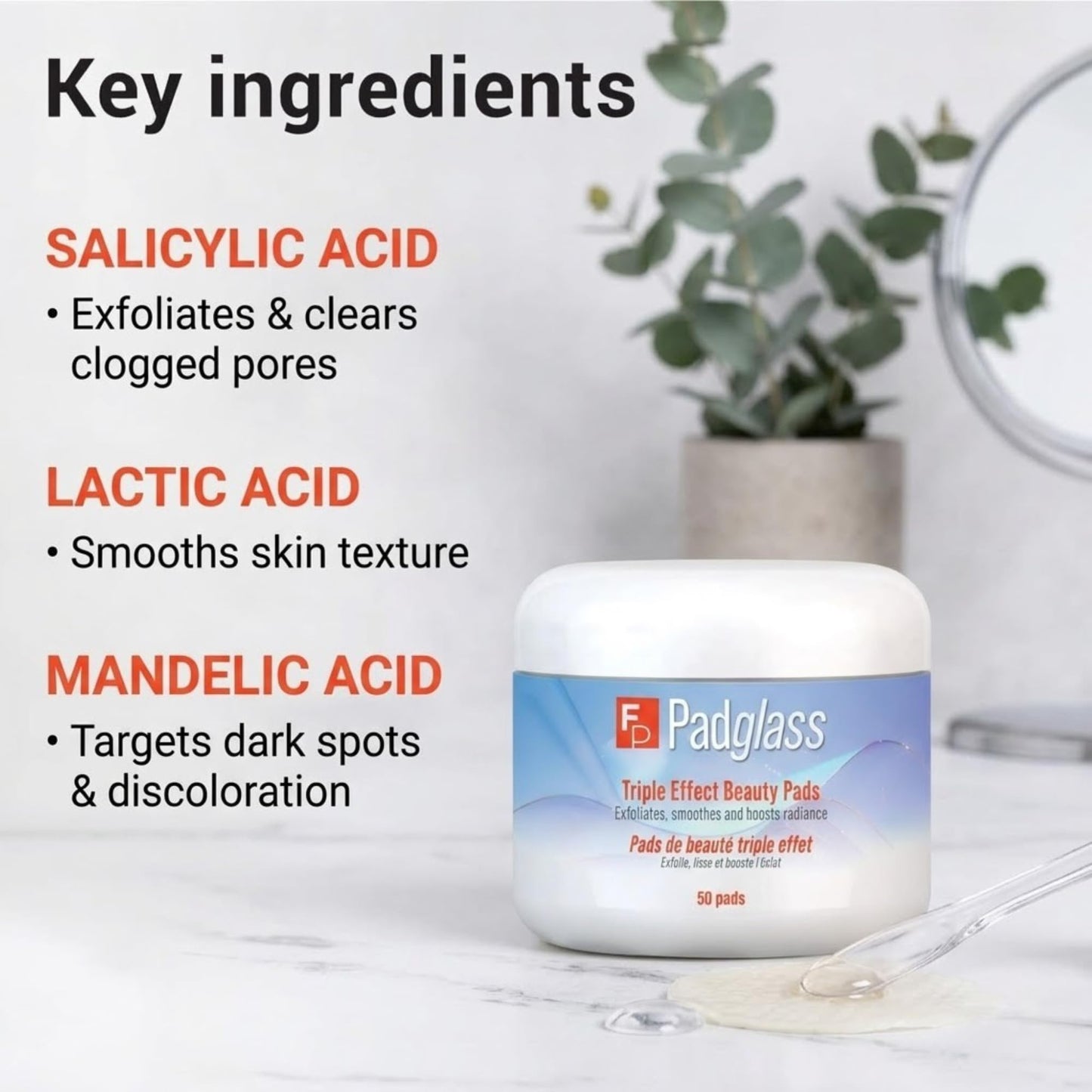 FrenchPharmacy Padglass Bright Beauty Peeling Pads – Triple Acid Exfoliator with Salicylic, Lactic & Mandelic Acids – Targets Dark Spots, Fine Lines, Uneven Texture – 50 Pads