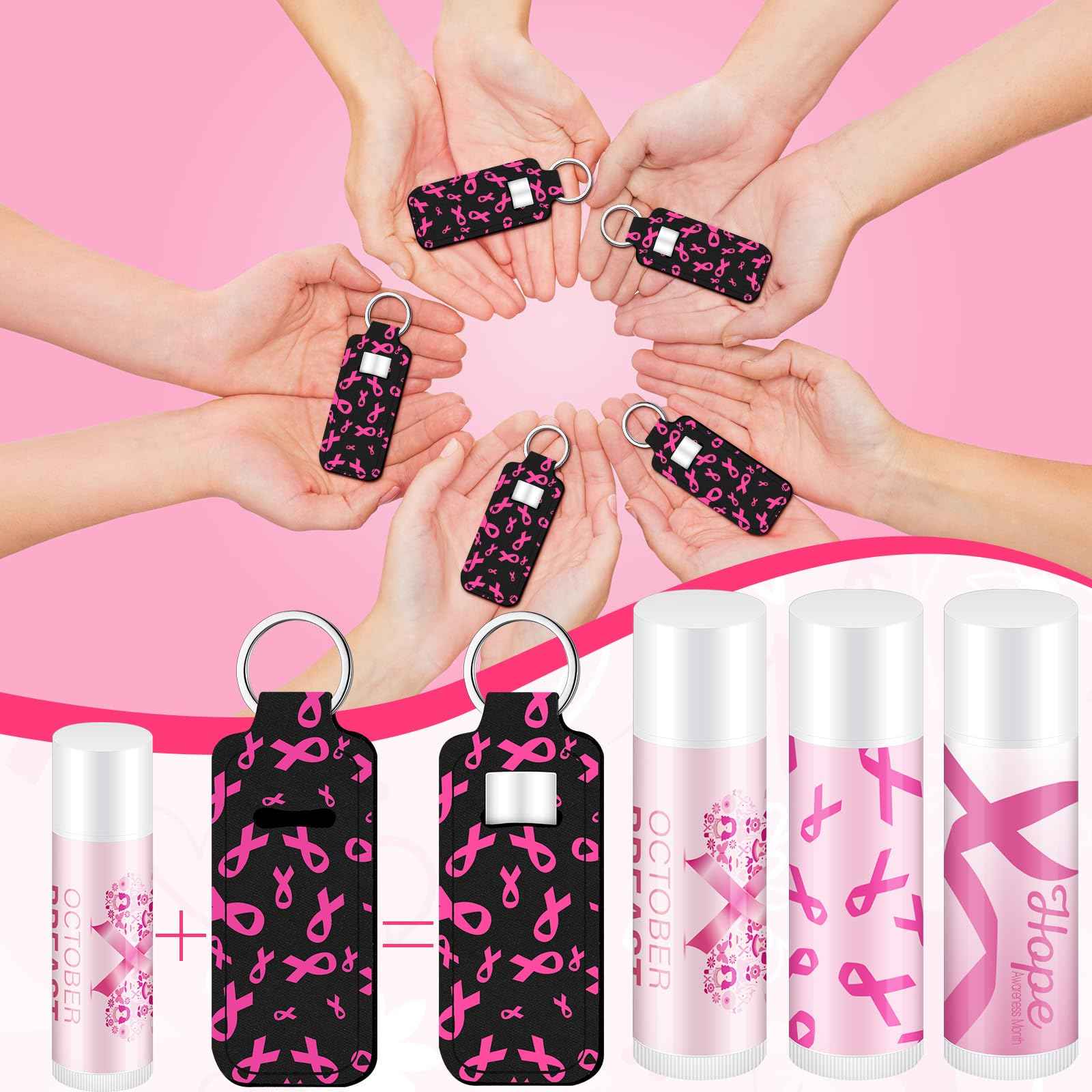 Swiffen 36 Pcs Breast Cancer Awareness Lip Balms with Holder Keychains Pink Ribbon Gifts Bulk Pink out Day Breast Cancer Accessories Survivor Gifts Natural Moisturizing Care for Girls Youth Cheer Team