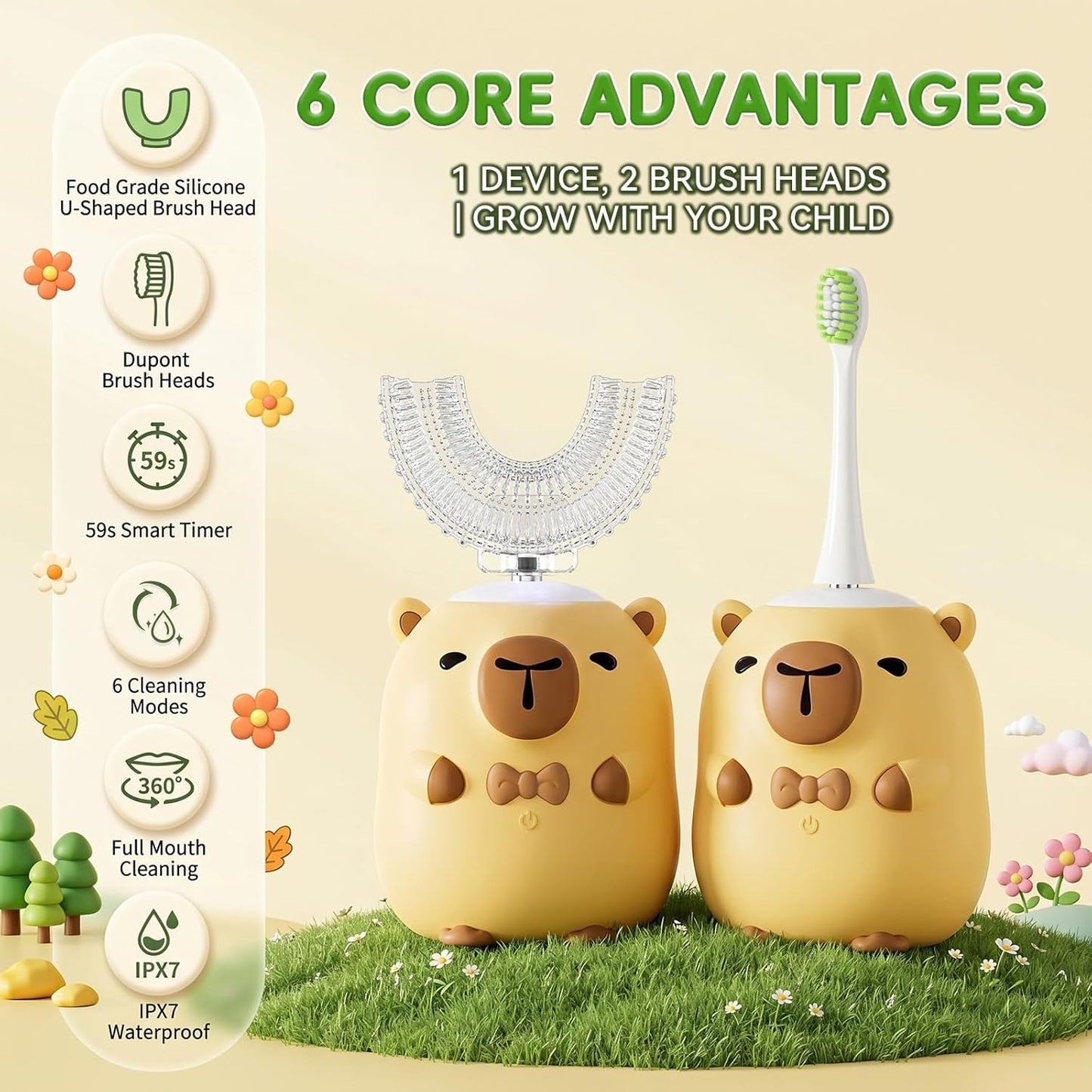 Kids U-Shaped Ultrasonic Electric Toothbrush - Rechargeable Sonic Design with Smart Timer | Yellow (Ages 2–6)