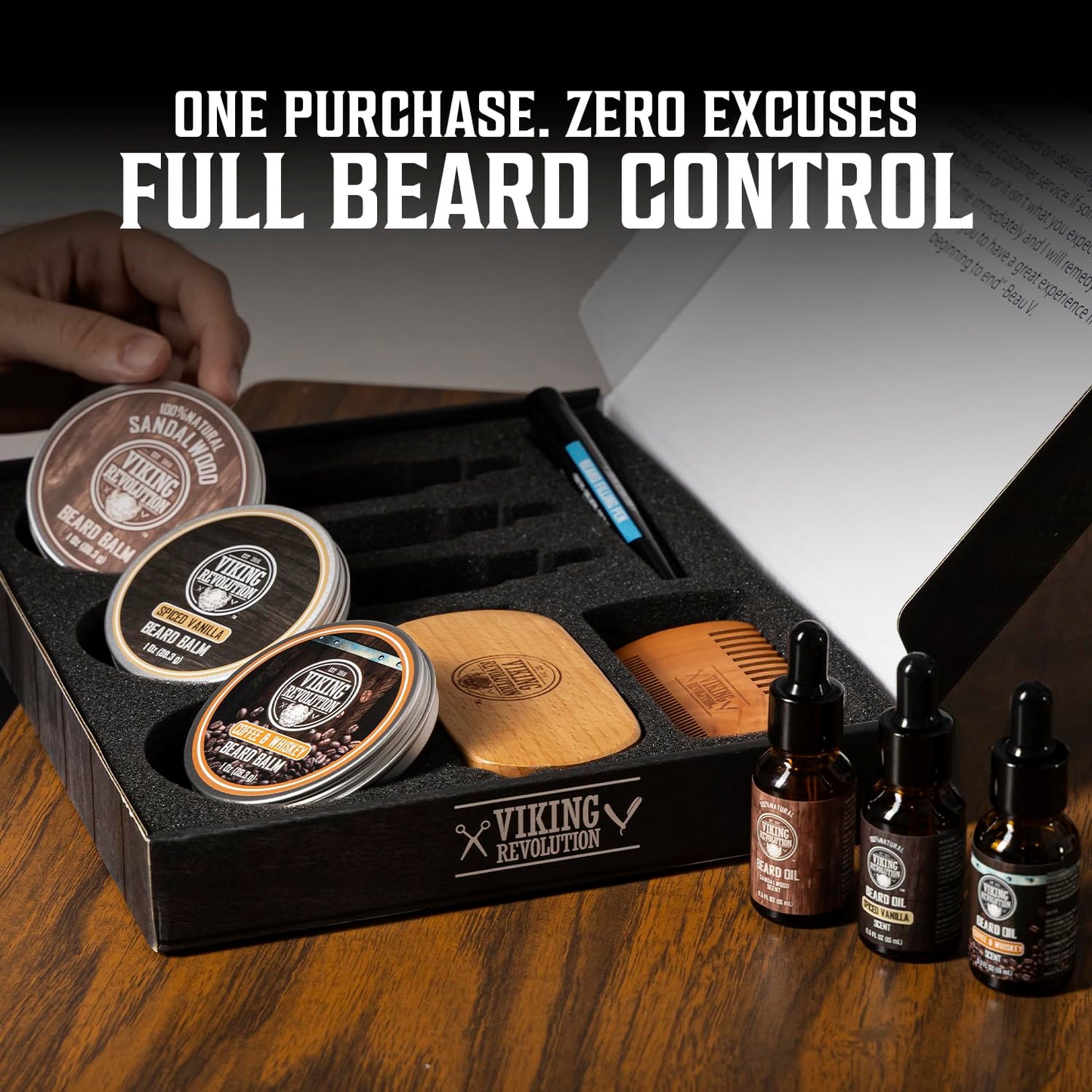 Viking Revolution Ultimate Beard Care Collection - Gifts for Men Includes Oil, Balm, Brush, Comb and Pen - Beard Kit for Men with Sandalwood, Spiced Vanilla, Coffee Whiskey, Sweet Tobacco