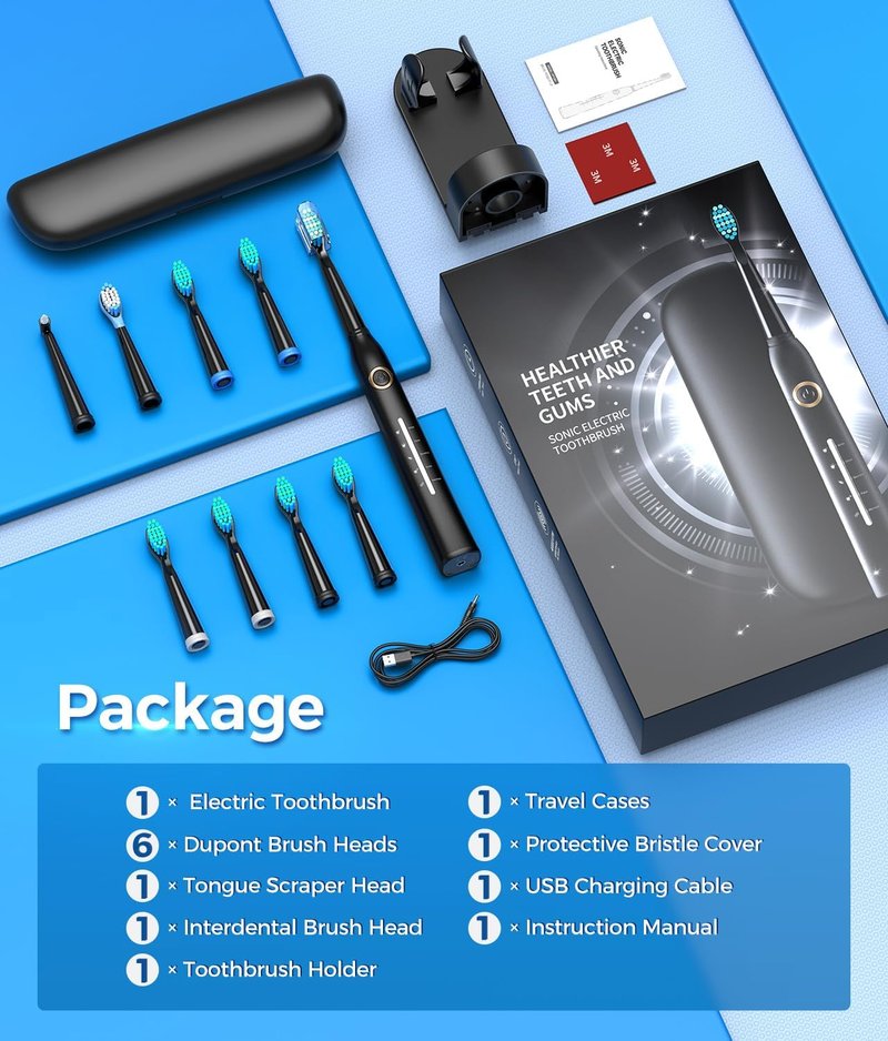 Sonic Electric Toothbrush - 8 Brush Heads, Rechargeable, 40000 VPM Deep Clean | Travel Case, Black