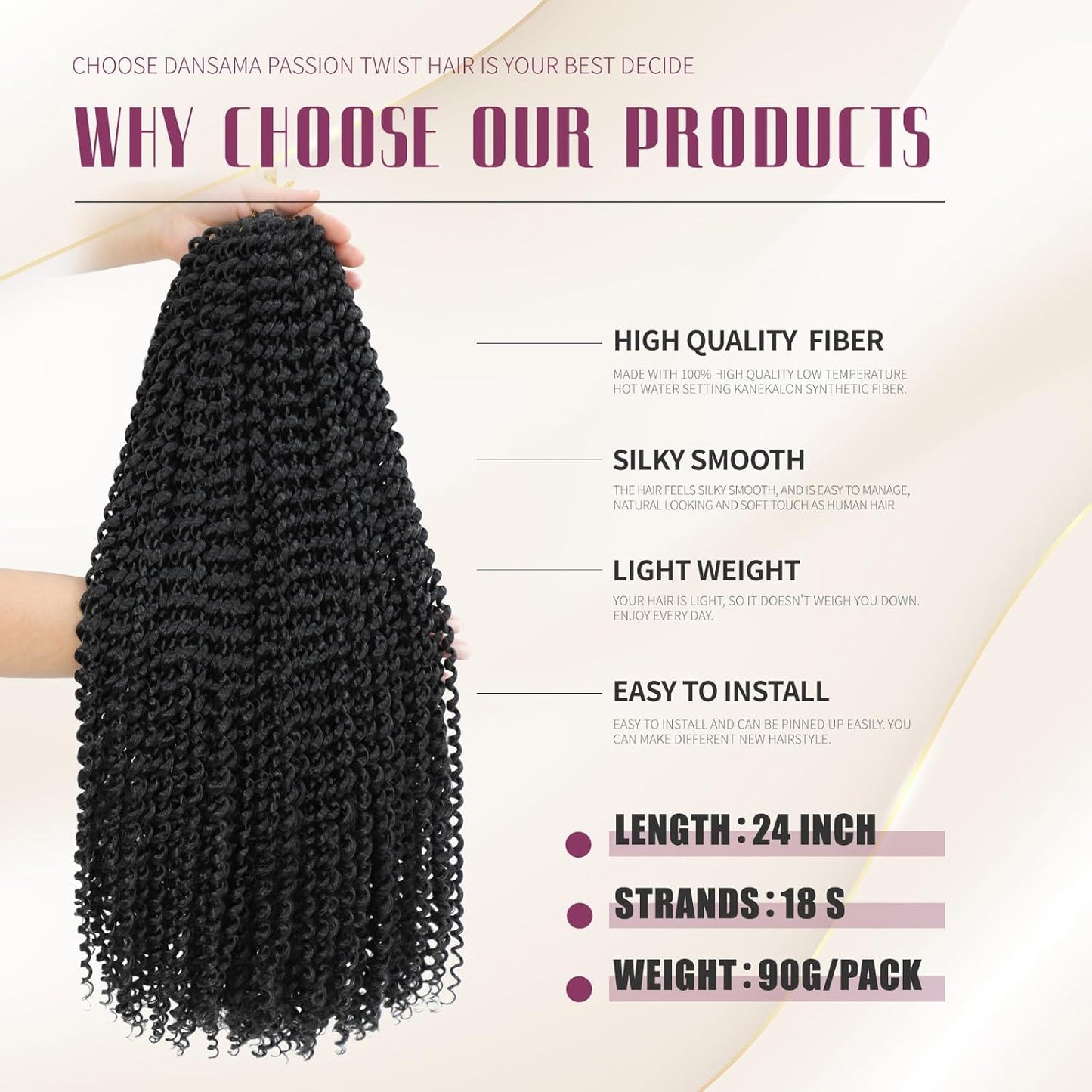 Passion Twist Hair - Water Wave Braiding Extensions for Butterfly Style Crochet Braids | 24 Inch, #1B (7 Packs)