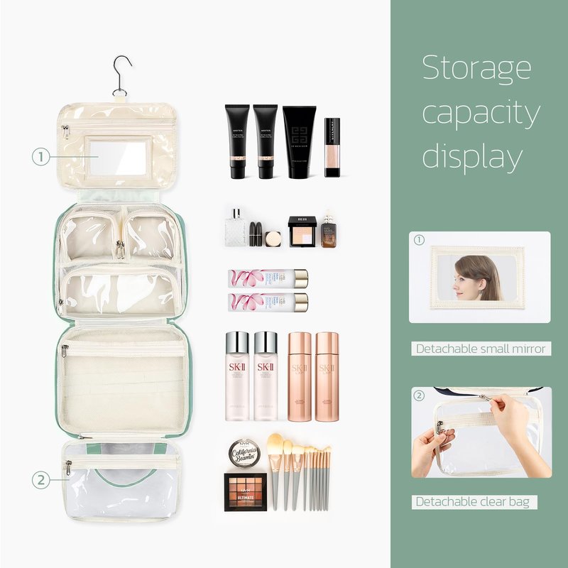 Travel Toiletry Bag for Women, Large Makeup Bag Organizer with Detachable Mirror, and Clear Cosmetic Bag, Suitable for Travel Size Toiletries-Mint Green