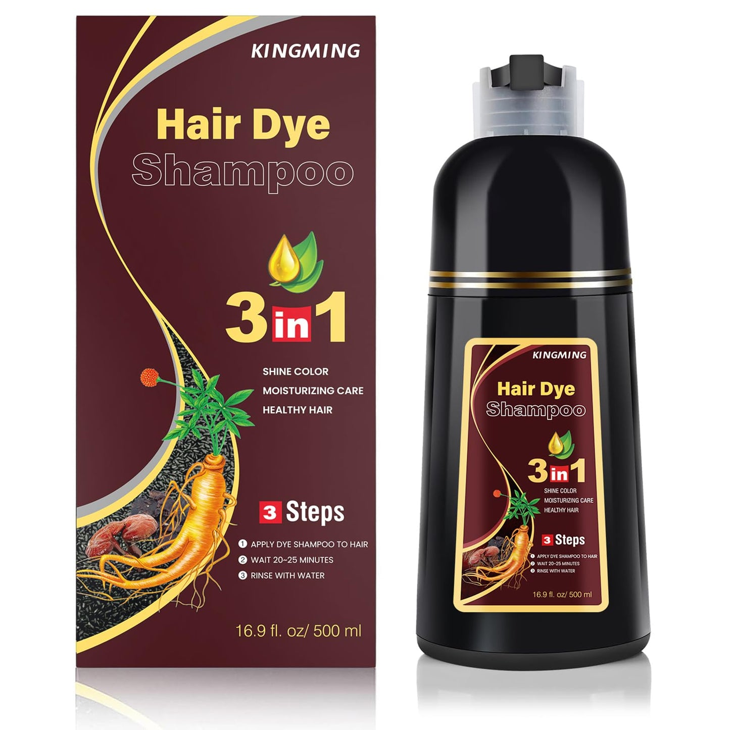 KINGMING Dark Brown Herbal Instant Color Shampoo for Gray Hair Coverage for Women & Men - 3 in 1 Champu Con Tinte Para Canas 500ml