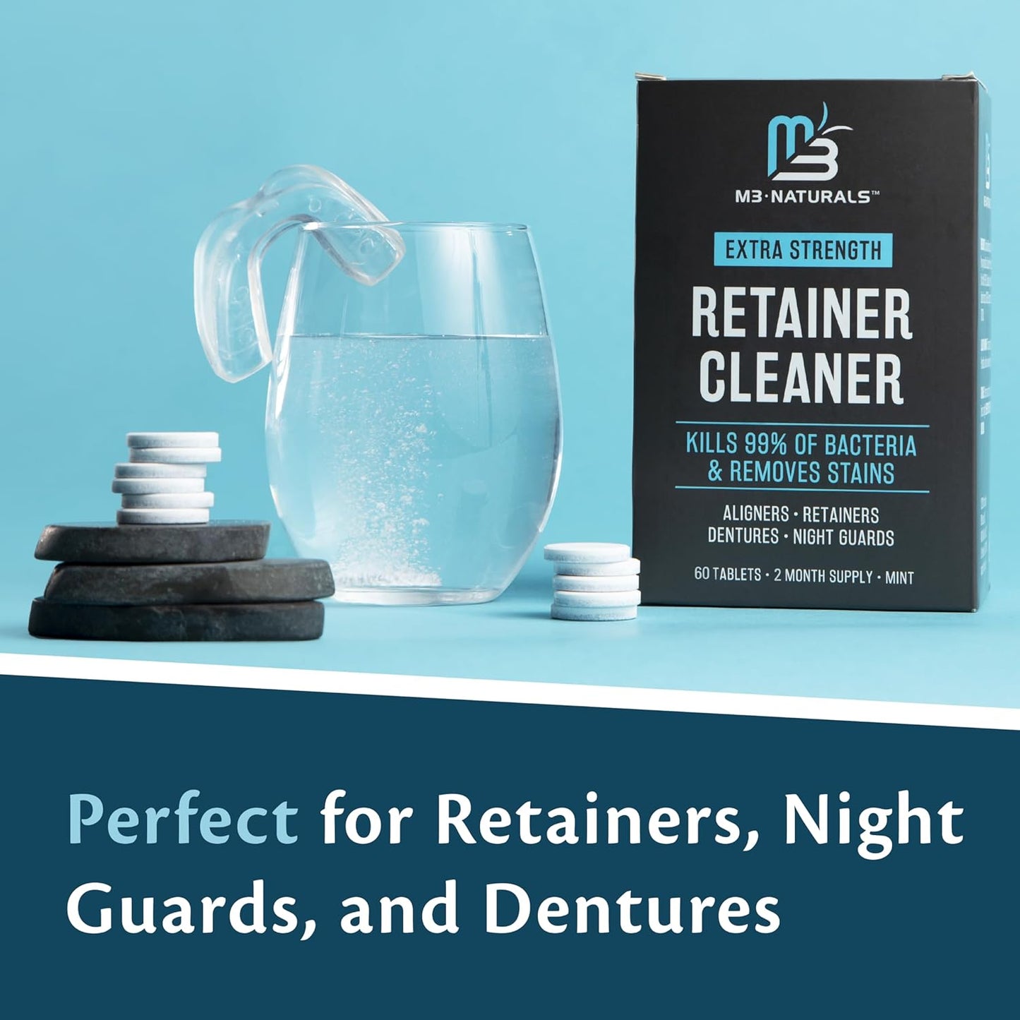 Denture Cleaner Tablets - Minty Fresh Flavor for Retainers & Mouth Guards | 2-Month Supply (Pack of 4)
