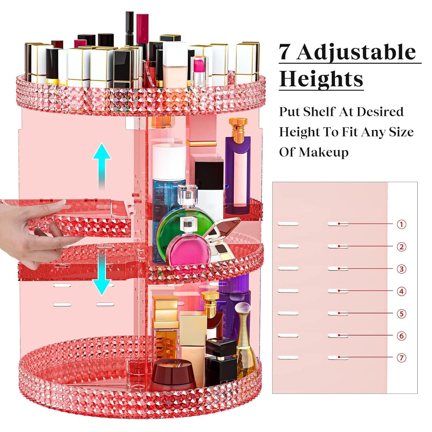 Famitree Pink 360 Makeup Organizer Carousel, Organizador De Perfumes, Acrylic Make Up Organizer, Large 7 Layers 360 Makeup Organizer, Fits Makeup Brushes, Lipsticks, Bathroom, Vanity, Plus Size Pink