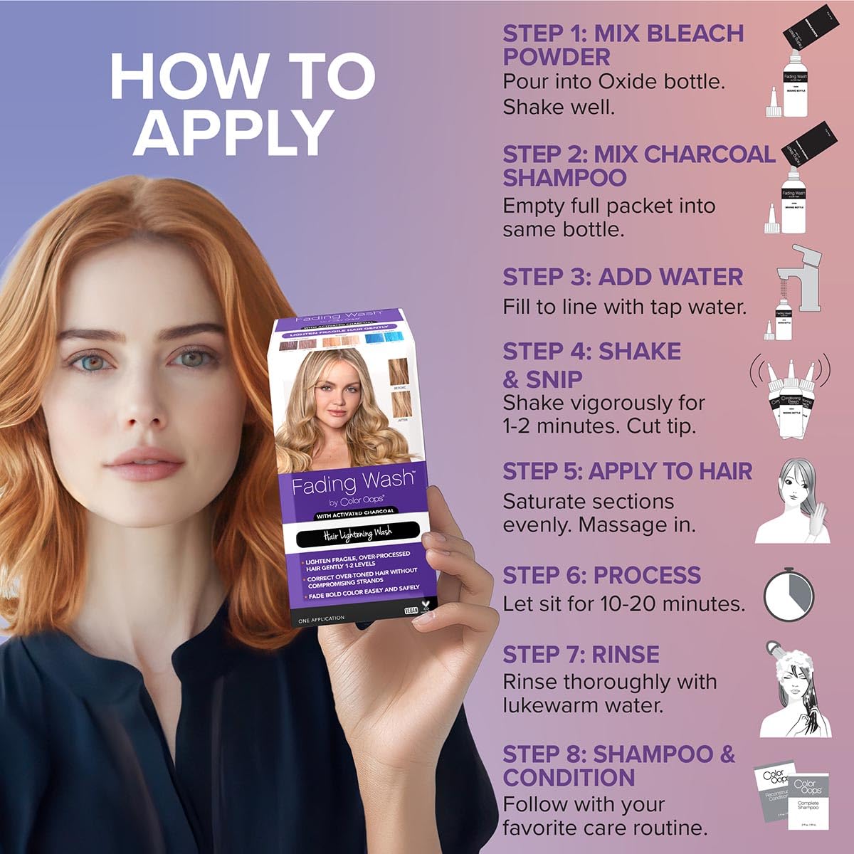 Color Oops Fading Wash Kit with Activated Charcoal, Hair Lightening Wash Gently Fades Processed Hair, Lifts 1-2 Levels of Bold Color and Brightens Tone, Vegan & Cruelty Free