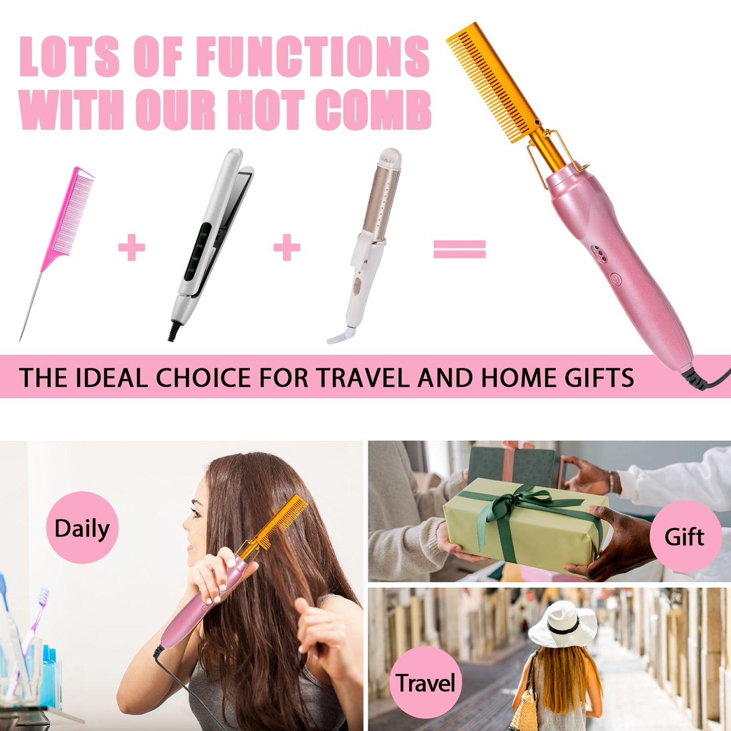 Electric Hot Comb Hair Straightener Heat Pressing Combs Ceramic Curling Flat Iron Curler, Hot Comb Electric for Wigs Electrical Straightening Comb Curling Iron for Natural Hair with Anti-Scald Case