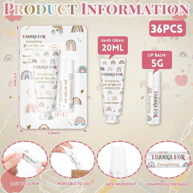 Loopeer 36 Set/ 72 Pcs End of Year Teacher Employee Appreciation Gift Bulk Boho Rainbow Lip Balm Hand Cream Lotion Set Small Staff Team Thank You Gifts Party Favors for Women Employee Coworker