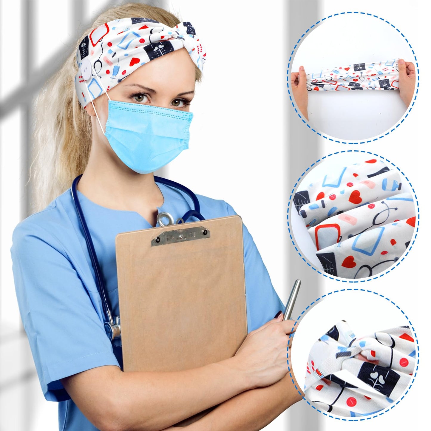 Jexine 20 Pcs Nurse Headbands for Women Non-slip Nursing Headbands with Buttons for Mask CNA Accessories Ear Protection Elastic Wide Hairband Sweatband Head Wrap Medical Nursing Essential
