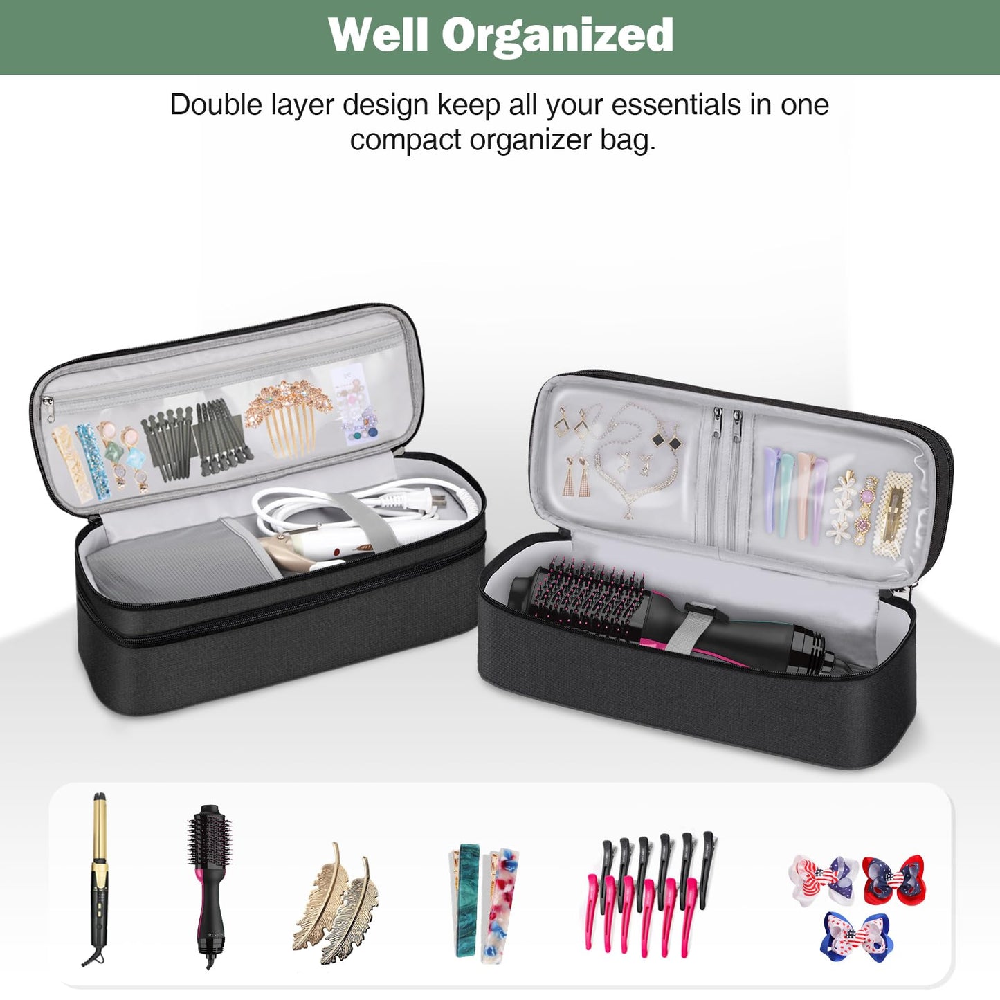 SITHON Double-Layer Travel Carrying Case for Shark FlexStyle/SmoothStyle, Water Resistant Storage Organizer Bag for Airwrap Styler, Also for Revlon One-Step Hair Dryer (Bag Only) (Black)