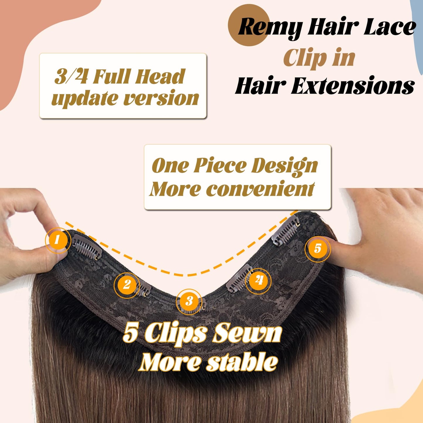 Brown Clip in Hair Extensions Real Human Hair,Highlight Ombre Clip in Human Hair Black Roots One Piece 5 Clips with 3/4 V-Shaped Double Weft Clip in Extensions Full Head for Women 16 Inch 80g(45cm)