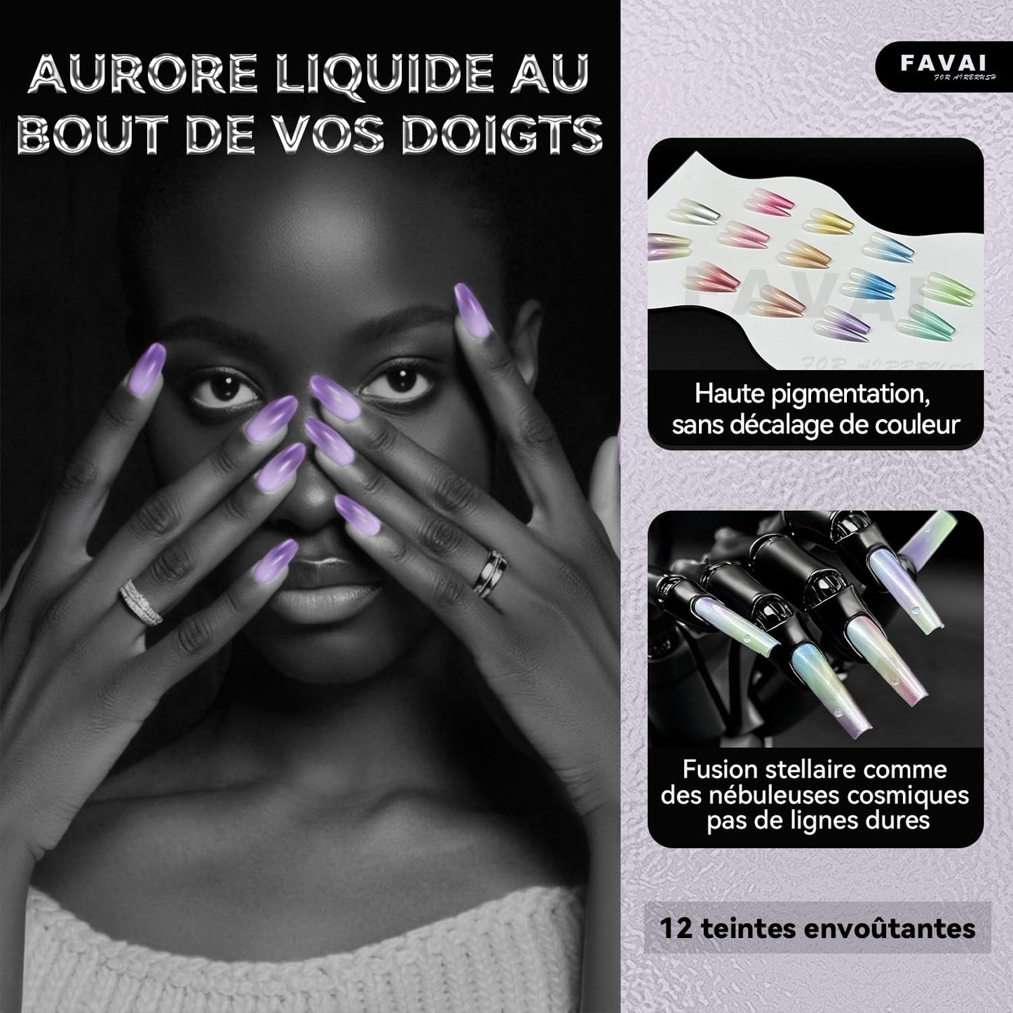 FAVAI Iridescent Metallic Airbrush Gel Nail Polish 12 Colors, HEMA Free & Dilution Free, Non-Acetone Shimmer Glitter Gel for French Ombre Salon DIY Nail Art