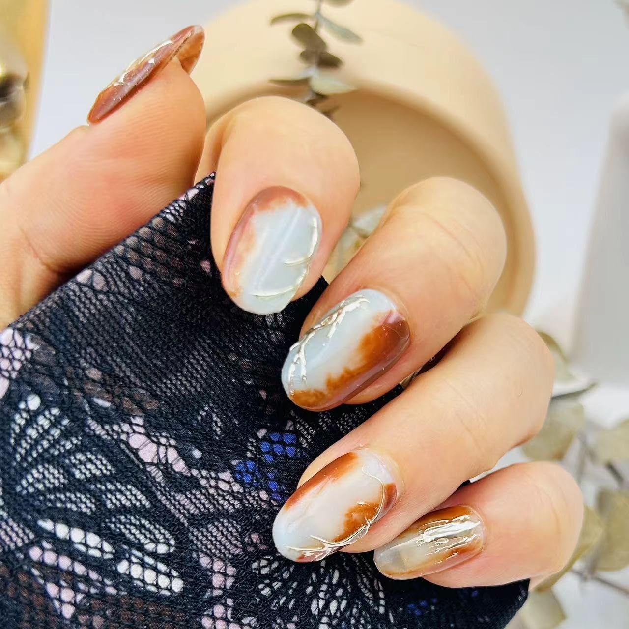 Press on Nails Fake Nails Acrylic Brown With Design Medium Length Handmade Painted By Artist For 3d Effect Pink Cat's Eye Glitter Nail Kit with Nail Glue for Women and Girls 10pcs-Small