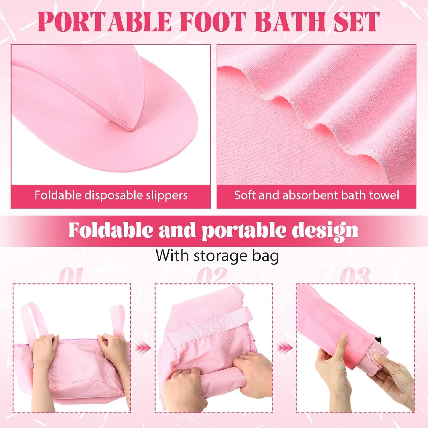 FillTouch Pink Foldable Foot Bath Kit - 15L Soaking Tub, Collapsible Towels & Slippers for Spa Parties | Portable Pedicure Set