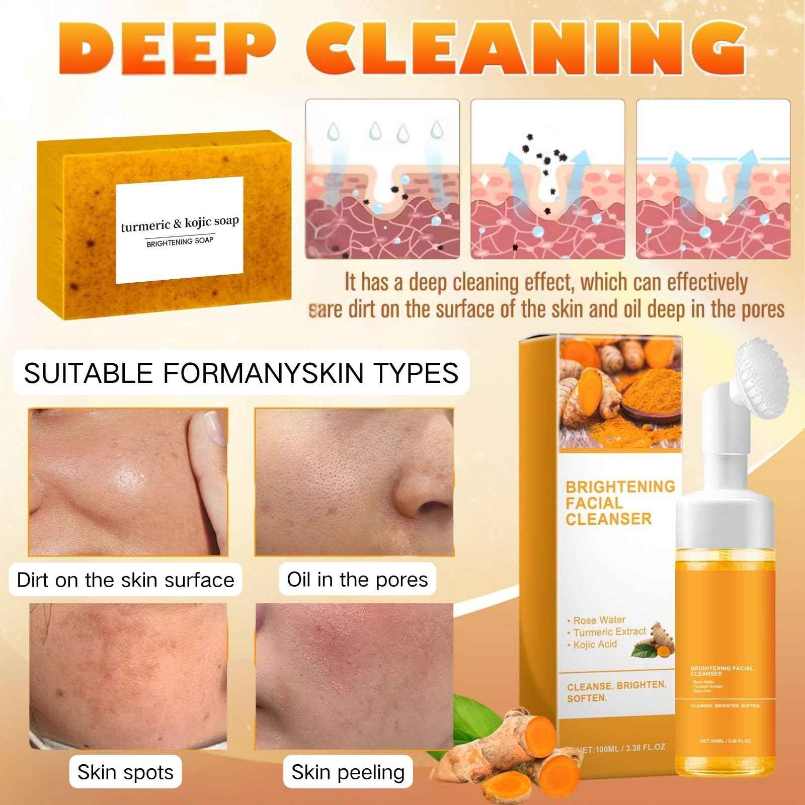 4PCS Turmeric Wash And Cleaning Care three piece kit,Tuemeric Facial Cleanser & Turmeric Soap Bar & Turmeric Face Scrub Pads, Cleansing Skincare Set,Turmeric Cleansing Skincare Set, Deep Cleansing