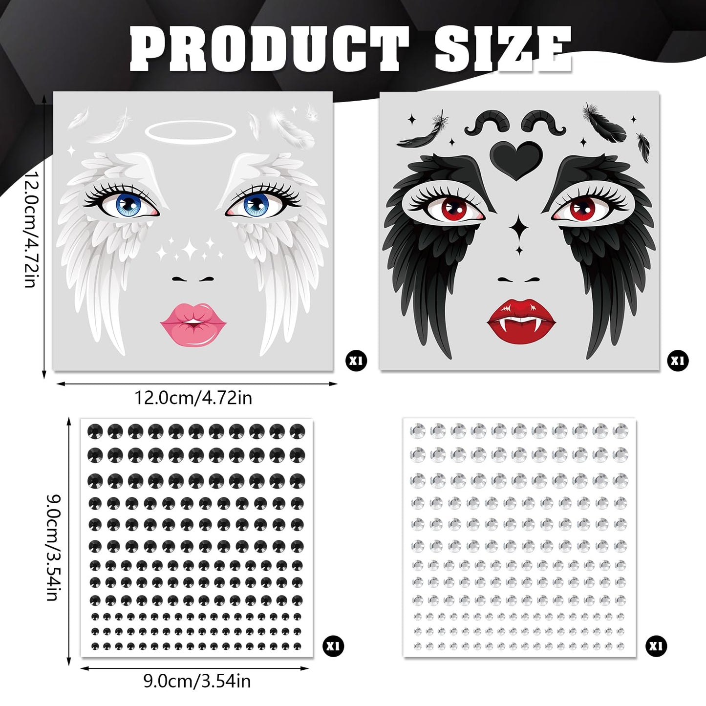 HOWAF Halloween Angel Face Tattoos, 2 Angel Wing Full Face Temporary Tattoos with 2 Sheets Jewels Tattoos Sticker for Hallows' Eve Costumes Accessories, Black and White Fallen Angels Tattoo Stickers