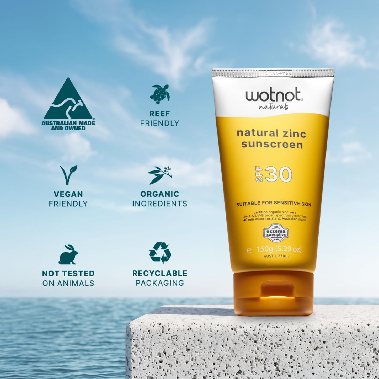 Wotnot Natural Zinc Sunscreen SPF 30 for Sensitive Skin, Mineral Sunscreen for Face & Body, Fragrance-Free Daily Sun Protection for Adults & Family, 5.3oz (150g)