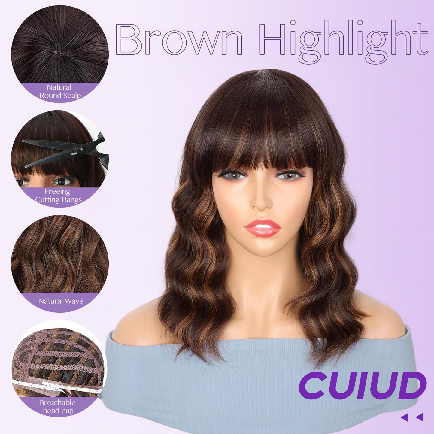 ENTRANCED STYLES Short Curly Wavy Wigs with Bangs Brown Highlight Wigs for Women Shoulder Length 14inch Bob Wigs Synthetic Heat Resistant Hair for Daily Party Use