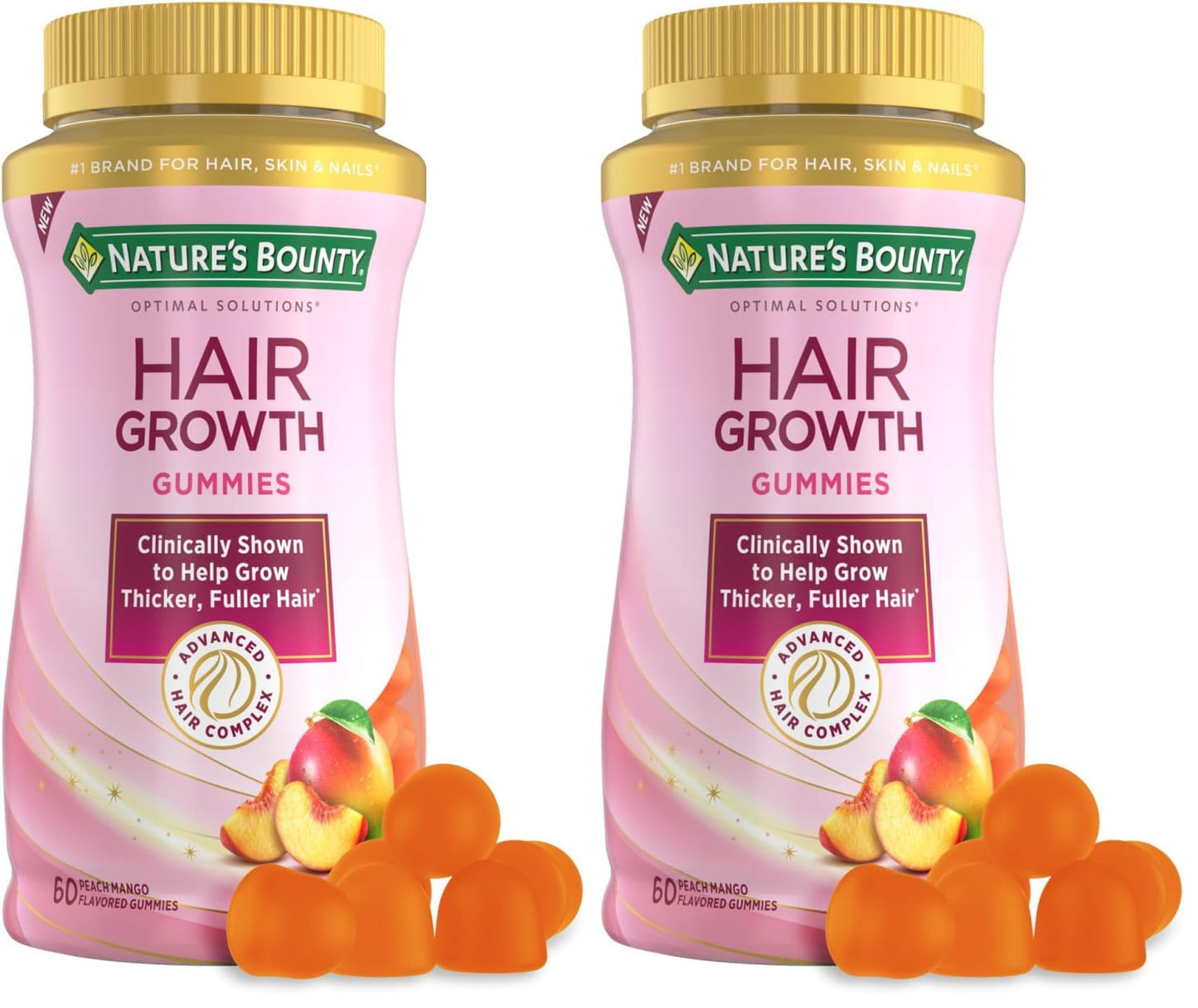 Nature's Bounty Hair Growth Gummies for Supporting Thicker, Fuller Hair with Biotin, Silicon & Arginine, Peach Mango Flavor – Gluten Free, Contains No Lactose, Sodium or Fish, 60 Count/30 Servings