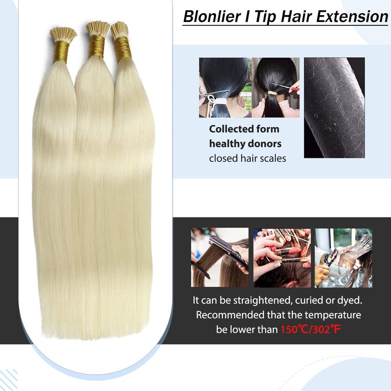 Remy I Tip Remy Human Hair Extensions For Women, 16 Inch Pre Bonded Straight iTip Hair Extensions Platinum Blonde #60 Microlink Extensions Premium Quality Keratin Fusion Stick Hair 50Strands/50G