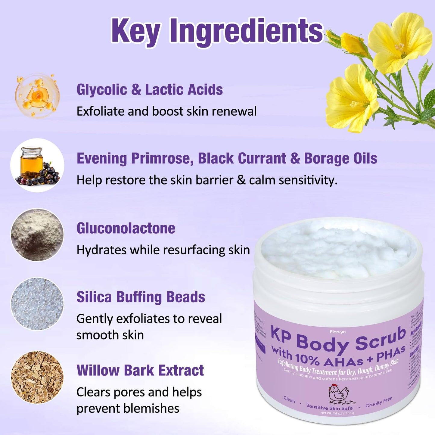 KP Body Scrub for Keratosis Pilaris | 10% AHA + PHA | Smooth Rough, Dry, Bumpy Skin | Exfoliating Body Scrub with Glycolic & Lactic acids | Gentle, Clean Formula | Sensitive Skin Safe, 16 oz, 453g