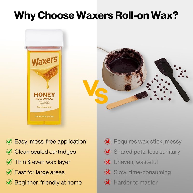 Waxers Roll on Wax Kit for Hair Removal Honey at Home Waxing Kit for Women & Men Roller Wax Cartridge Depilotry for Coarse & Thick Hair with Warmer & Strips