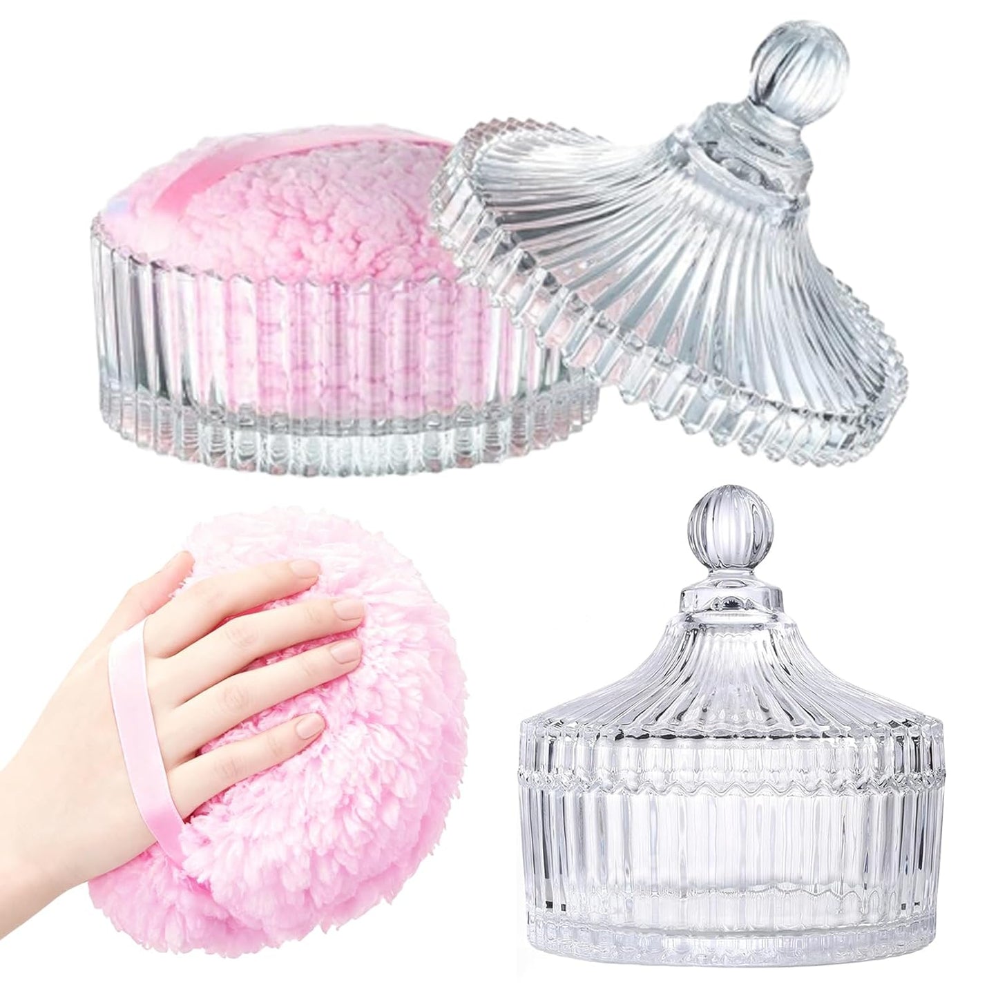 Extra Large Body Powder Puff & Crystal Glass Storage Jar - Dustproof Lid, Soft & Reusable Fluffy Puff for Skin Care