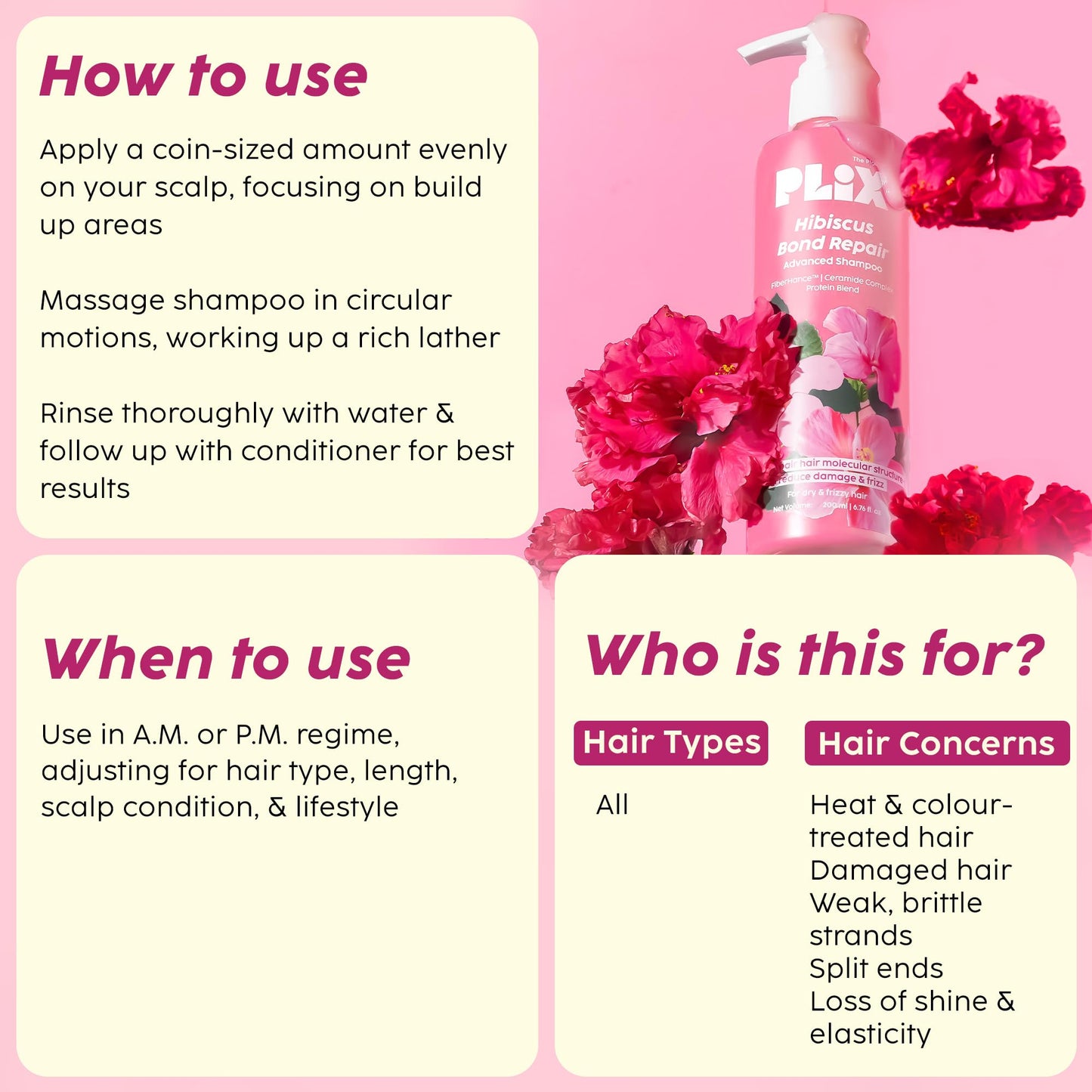 Plix Hibiscus Bond Repair Shampoo | Repairs Hair Structure & Reduces Breakage, 6.76 fl oz