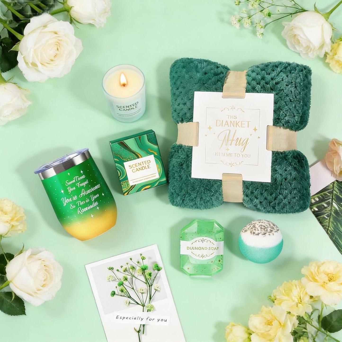 Relaxing Spa Gift Basket for Women - Flannel Blanket & Essentials | Perfect Birthday, Thank You, Get Well Soon Gift (Green)