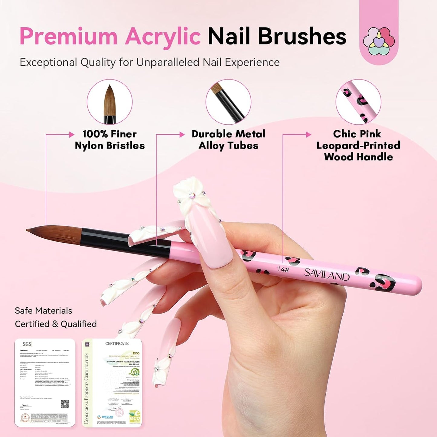 Saviland 3pcs Acrylic Nail Brush Set, Size 8/10/14 Kolinsky Acrylic Nail Brushes for Acrylics Application, Acrylics Powder Nails Art Extension with Black & White Handle for Beginner & Professional