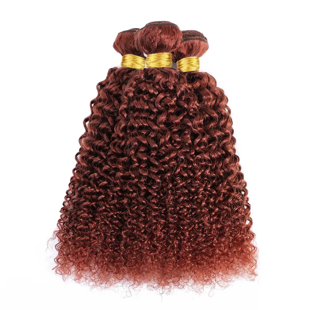 QEUOPE Auburn Kinkycurly Bundles Human Hair Color 33 Reddish Brown Deep Curly Wet and Wavy Bundles Double Weft Brazilian Hair Extensions Silky and Soft for Women (8 10 12 inch 3 Bundles)