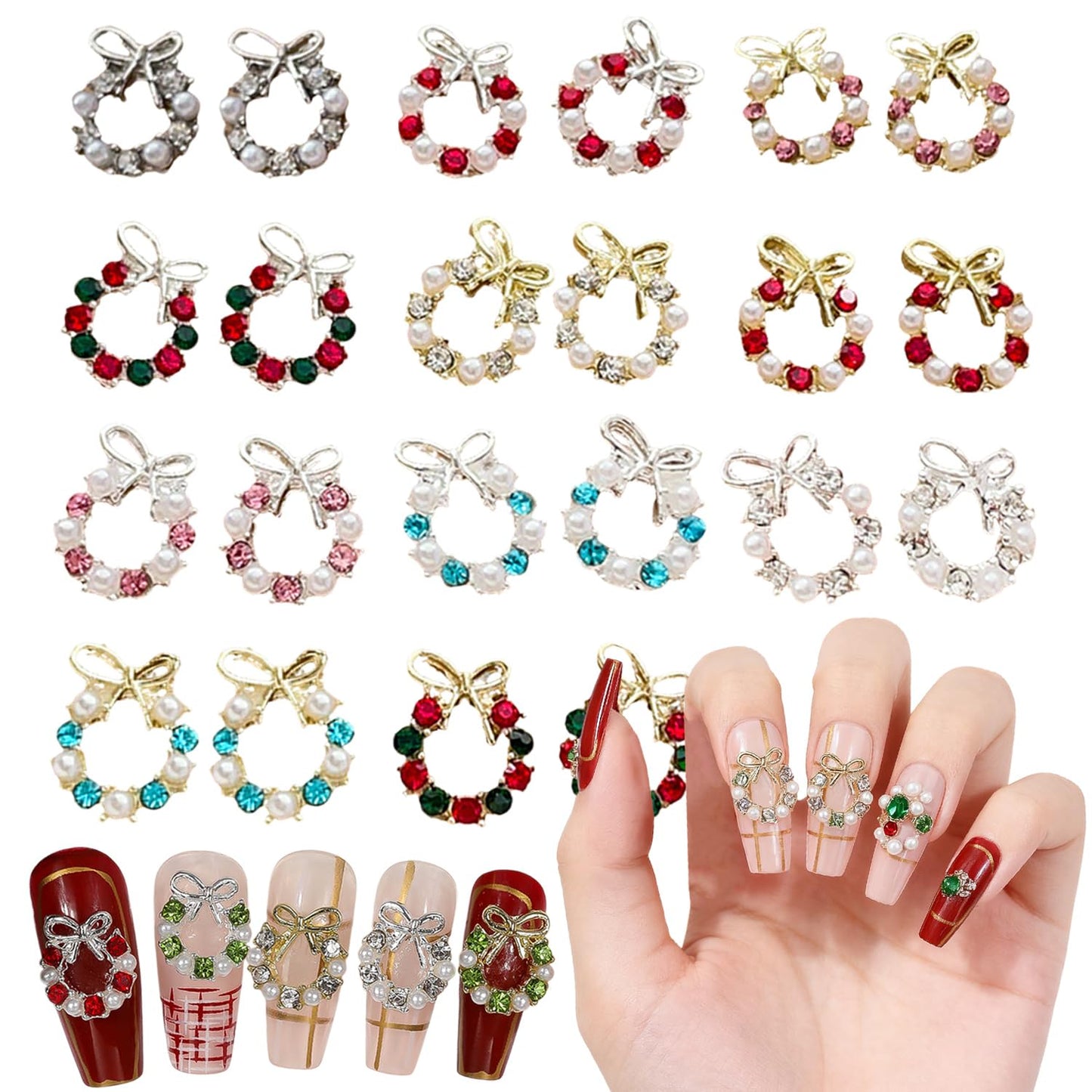 22Pcs Christmas Nail Charms with Pearls Designs Alloy Xmas Wreath Crystal Nail Art Charms Sliver Gold Nail Rhinestones Jewelry for Women DIY Manicure Christmas Holiday Nail Decorations