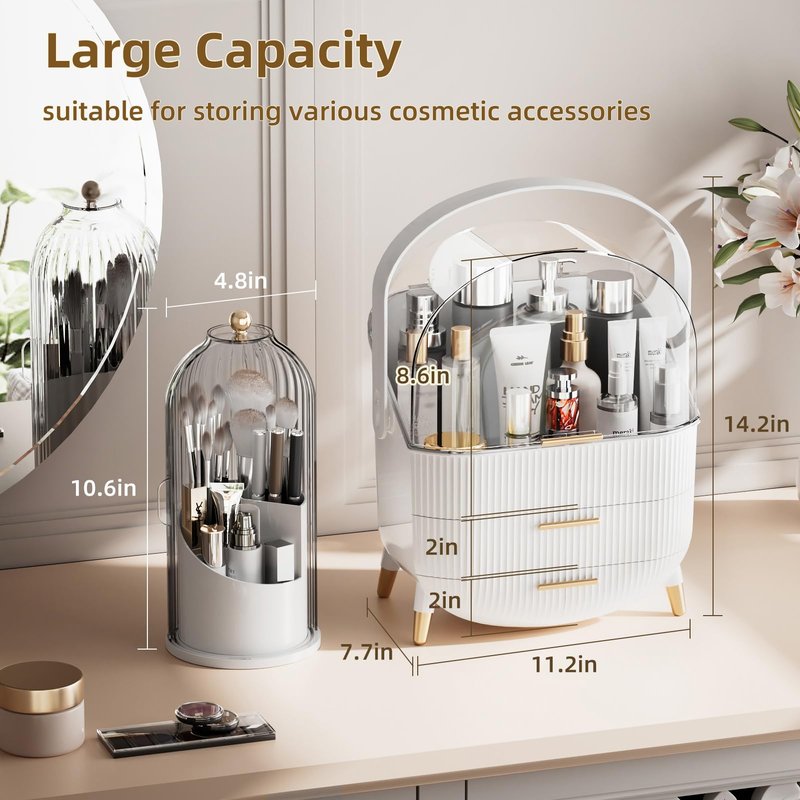 fanado Makeup Organizers Countertop, Makeup organization for Vanity, Cosmetic Storage with Lid and Drawers, Skincare Display Cases with for Desktop, Bathroom (Green)